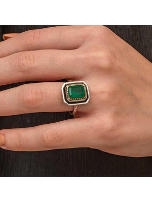 Gumush Gümüş Yeşil Taşlı Otantik Kadın Yüzük