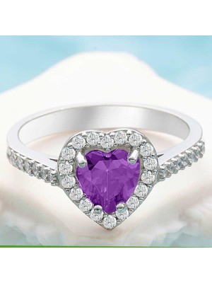 Gumush Gümüş Mor Taşlı Kalpli Kadın Yüzük