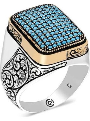 Gumush Gümüş Turkuaz Zirkon Taşlı Kare Erkek Yüzük