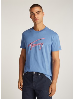 Tommy Hilfiger Bisiklet Yaka Açık Mavi Erkek T-Shirt DM0DM21109DY6 Tjm Reg Rwb Sıgnatur