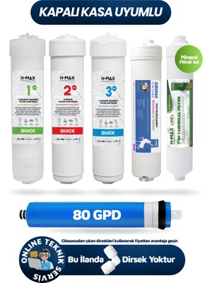 H-MAX Reverse Osmosis System 80GPD Membranlı Kapalı Kasa Su Arıtma Cihazı 6'Lı Filtre Seti - 0058