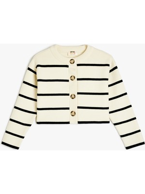 Koton Yuvarlak Yaka Düğmeli Uzun Kollu Çizgili Triko Hırka