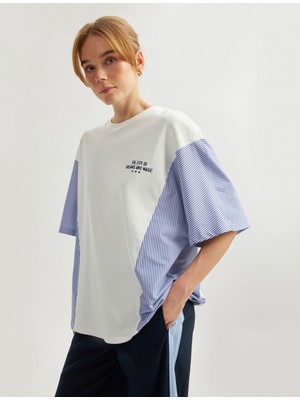 Koton Iki Farklı Kumaş Detaylı Arkası Baskılı Pamuklu Bisiklet Yaka Kısa Kollu Çizgili Tişört