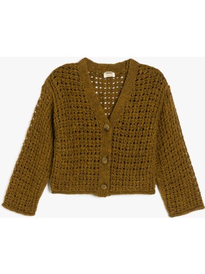 Koton V Yaka Uzun Kollu Yeşil Ajurlu Triko Hırka Kız Çocuk İçin Şık Tasarım