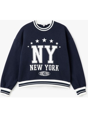 Koton Kolej Baskılı Bisiklet Yaka Biyeli Oversize Sweatshirt