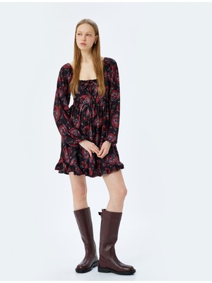 Koton Bağcıklı Yaka Uzun Balon Kol Volanlı Mini Elbise