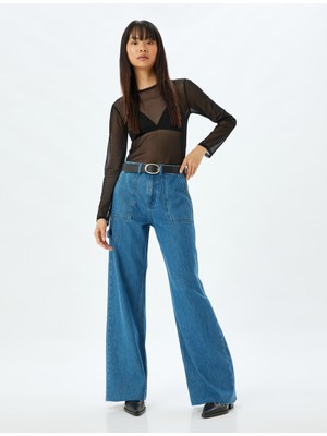 Koton Geniş Paça Kot Pantolon Cep Detaylı Normal Bel Kesik Paça Pamuklu - Wide Leg Jeans