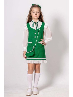 Kız Çocuk Kolları ve Yakası Şifon Etek Ucu Fırfırlı Inci Işlemeli Çift Cepli Yeşil Triko Elbise
