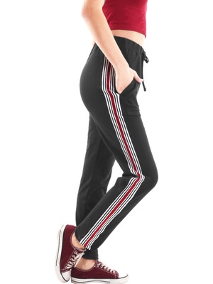 Asn Concept Antrasit Renk Pamuklu Kumaş Şeritli Kadın Eşofman Altı (Büyük Beden Seçeneğiyle)