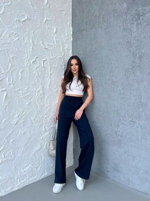 Mmetalic Kadın Mevsimlik Salaş Geniş Paça Yüksek Bel Lacivert Eşofman Altı