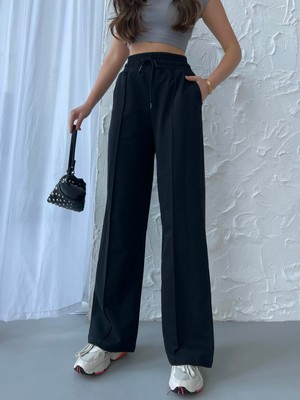 Mmetalic Kadın Mevsimlik Salaş Geniş Paça Yüksek Bel Siyah Eşofman Altı