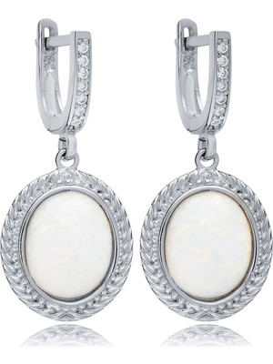 Silveranka 925 Ayar Gümüş Beyaz Opal Taşlı Vintage Tasarım Küpe