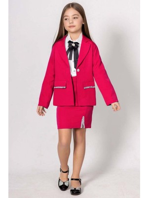 Riccotarz Kız Çocuk Elmas Taş Detaylı Hakim Yaka Blazer Ceket Kol Uçları Taş Düğme Gömlek Pembe Etekli Takım
