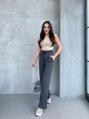 Kadın Mevsimlik Salaş Geniş Paça Yüksek Bel Antrasit Eşofman Altı