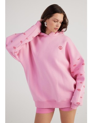 Holly Lolly Kadın Pembe Standart Oversize Kapüşonlu Eye Unisex Sweat