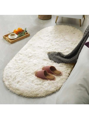 Raschel Carpet Krem Yıkanabilir Yumuşak Kaymaz Özel Taban Oval Peluş Halı Yolluk