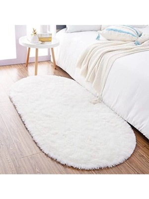 Raschel Carpet Beyaz Yıkanabilir Yumuşak Kaymaz Özel Taban Oval Peluş Halı Yolluk