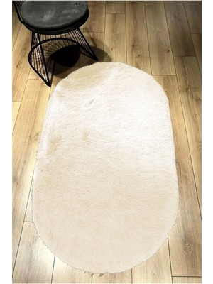 Raschel Carpet Krem Yıkanabilir Yumuşak Kaymaz Özel Taban Oval Peluş Halı Yolluk