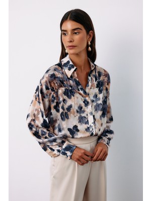 Sateen Çiçek Desenli Gömlek - Gri