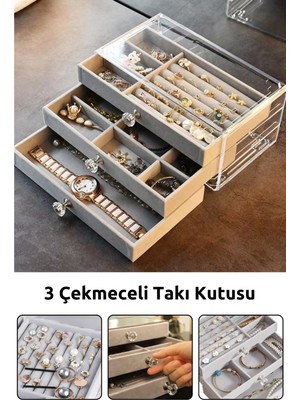 Ecrou Modern Gri 3 Çekmeceli Takı Bijuteri Mücevher Kutusu Organizer Düzenleyici Şeffaf 13 x 23 x 10 cm