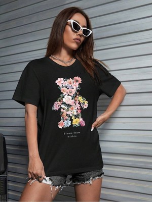 Flower Bear Baskılı Oversize T-Shirt Salaş Boyfirend