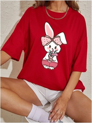 Rabbit Baskılı Kadın Oversize Salas T-Shirt Boyfriend