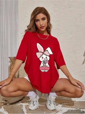 Rabbit Baskılı Kadın Oversize Salas T-Shirt Boyfriend