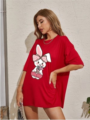 Rabbit Baskılı Kadın Oversize Salas T-Shirt Boyfriend