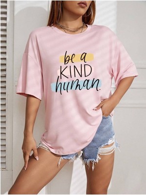 Be A Kind Human Baskılı Kadın Oversize Gri Salas T-Shirt Boyfriend