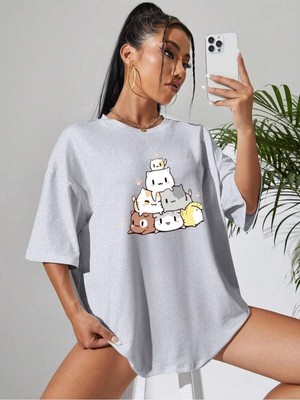 Cut Cats Baskılı Kadın Oversize Salas T-Shirt Boyfriend