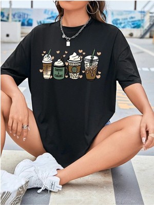 Coffee Caramel Baskılı Kadın Oversize T-Shirt Salaş Boyfirend