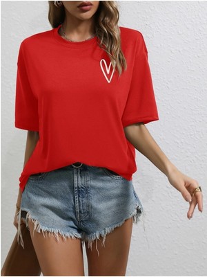 Tiny Heart Baskılı Kadın Oversize Kırmızı Salas T-Shirt Boyfriend