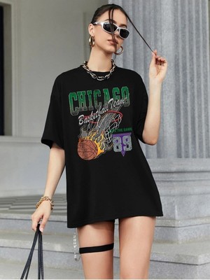 Siyah Oversize T-Shirt Chıcago Baskılı