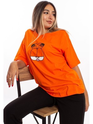 Garfield Baskılı Turuncu Oversize Unisex Tshirt