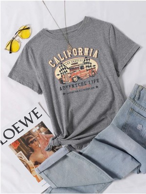 Mercoledi Unisex Gri California Car Baskılı Oversize T-Shirt