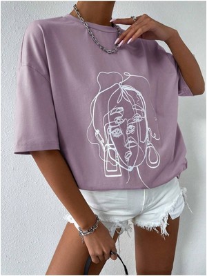 Çizgi Yüz Baskılı Kadın Oversize T-Shirt Salaş Boyfirend