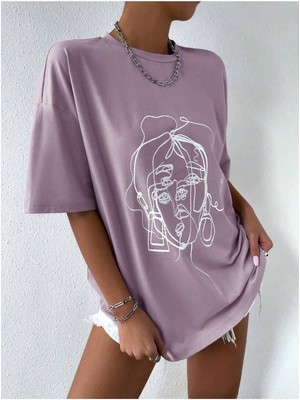 Çizgi Yüz Baskılı Kadın Oversize T-Shirt Salaş Boyfirend