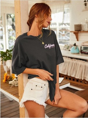 Füme California Baskılı Oversize T-Shirt