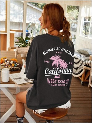 Füme California Baskılı Oversize T-Shirt