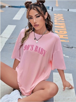 90's Kadın Pembe Oversize Salas Boyfriend Kadın T-Shirt Top Bluz