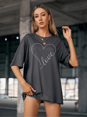 Love Kalp Baskılı Füme Oversize T-Shirt Salaş Boyfirend