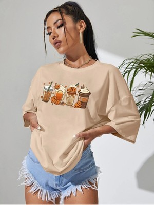 Toprak Oversize T-Shirt Coffee & Cartoon Baskılı