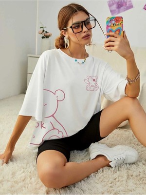 Mercoledi Ayıcık Baskılı Kadın Oversize T-Shirt Salaş Boyfirend