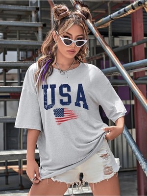 Usa Amerika Baskılı Füme Oversize T-Shirt Salaş Boyfirend