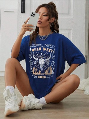 Wild West Baskılı Kadın Oversize Saks Mavi Salas T-Shirt Boyfriend