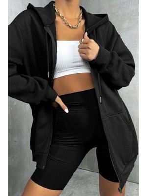 Kadın Kapüşonlu Fermuarlı Oversize Mevsimlik Hırka