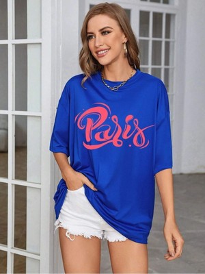 Paris Baskılı Kadın Salas Oversize Saks Mavi T-Shirt Boyfriend