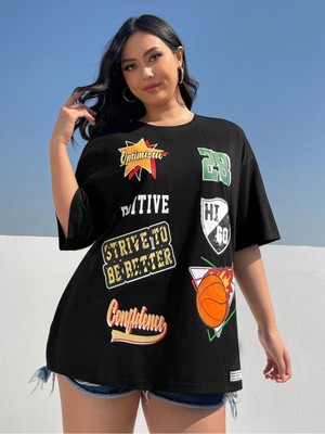 Siyah Oversize T-Shirt Rozet Baskılı