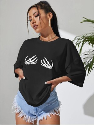 Mercoledi Iskelet Eli Baskılı Oversize T-Shirt Salaş Boyfirend