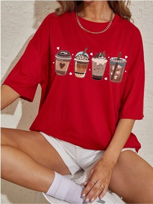 Coffes Baskılı Kadın Oversize Kırmızı Salas T-Shirt Boyfriend